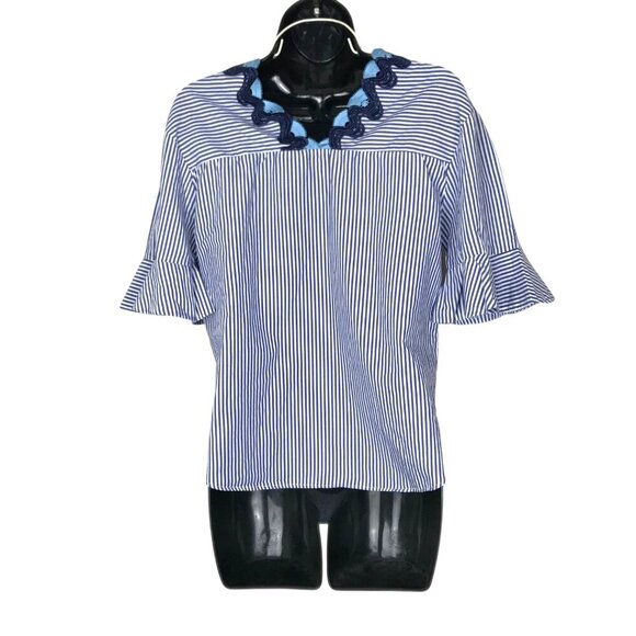 Sandro Paris Blue & White Striped Cotton Blouse With Lace Neck Line Size M - Picture 5 of 7